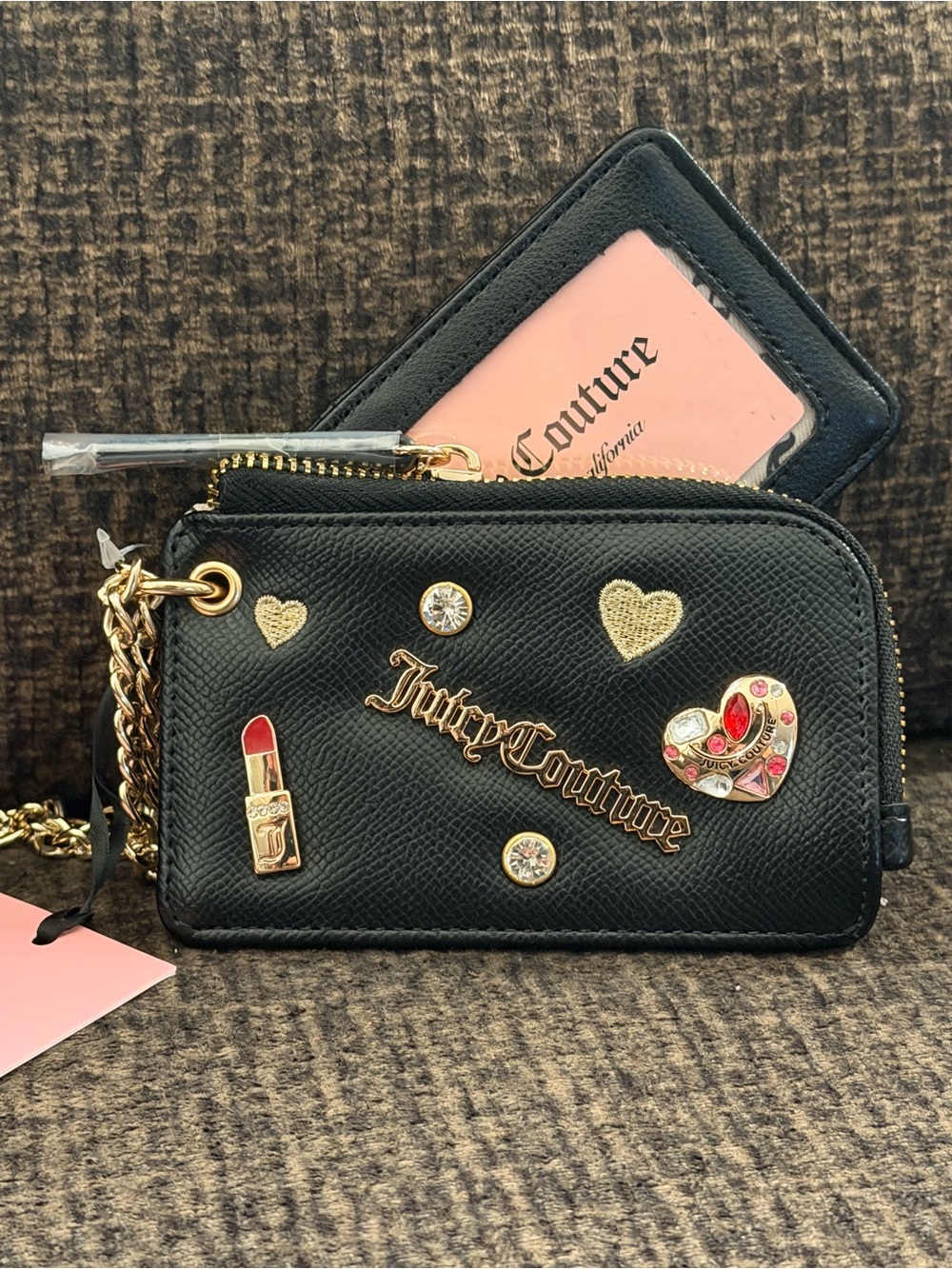 Juicy Couture Black Leather Zip Coin Purse with Card ID Holder 🆕 NWT